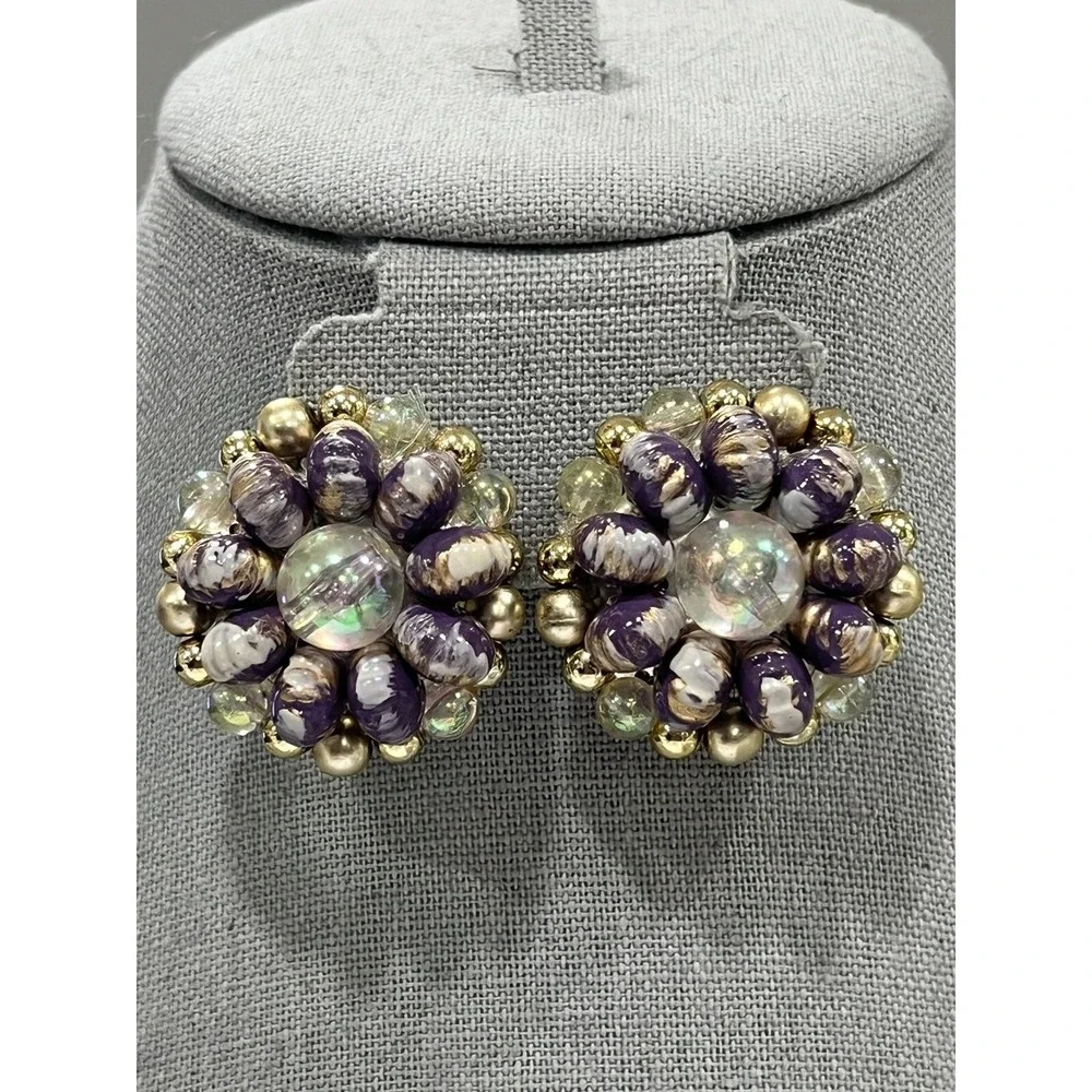 Vintage Purple Gold Beaded Cluster Clip-On Earrings Iridescent Acrylic Statement